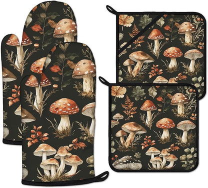 Watercolor Forest Mushroom Oven Mitts and Pot Holders Sets Heat Resistant 4Pcs by ANTJOO
