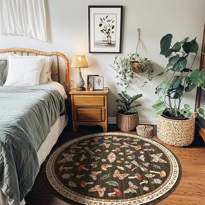 Mushroom Insect 5ft Round Rug Washable Non-Slip Soft Ultra-Thin Small Boho - Image 7