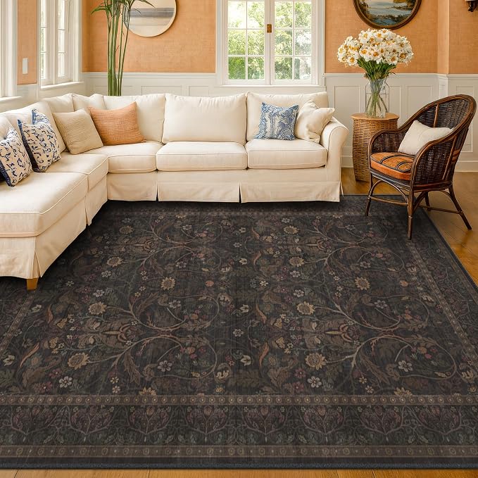 7x10 Washable Rug for Living Room, Dark Brown Vintage Cottagecore Floral Area by Evyhood