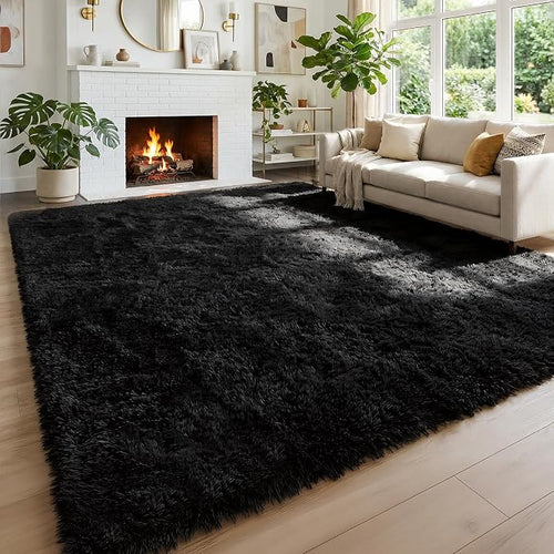 Amdrebio Black Fluffy Large Living Room Rugs, 6x9 Rug, Furry Area Rug by Amdrebio