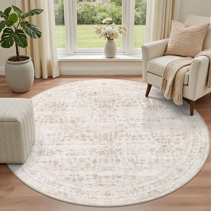 Round Area Rug for Living Room: 4 ft Washable Vintage Boho Soft Thin Circle Rug - Image 2