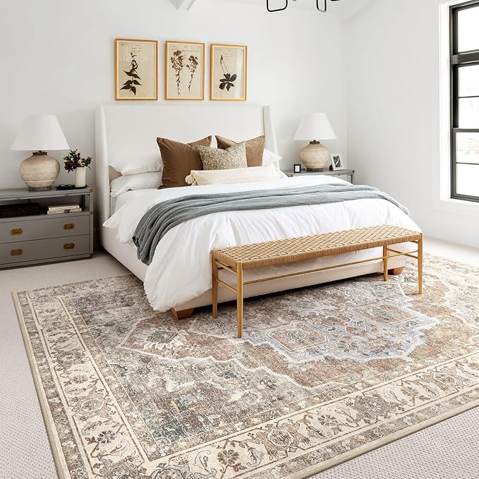 5x7 Washable Area Rug: Vintage Neutral Soft Non Slip Thin Large Floor Carpet - Image 4