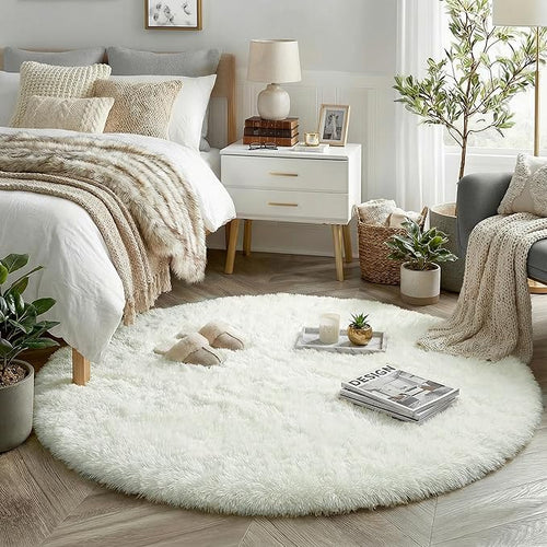 Amdrebio Ivory White Round Rug 5Ft by Amdrebio