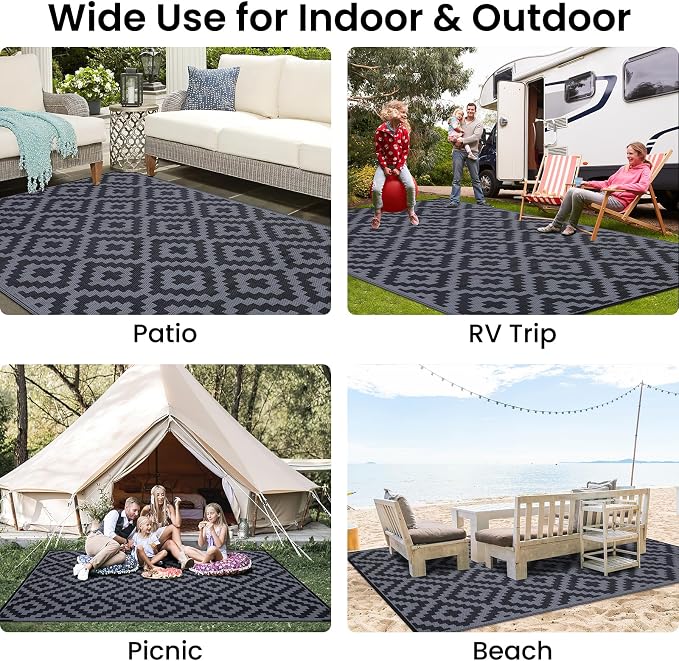 Smiry Waterproof Outdoor Rug 9x12 ft, Reversible Plastic Straw Patio Camping - Image 8