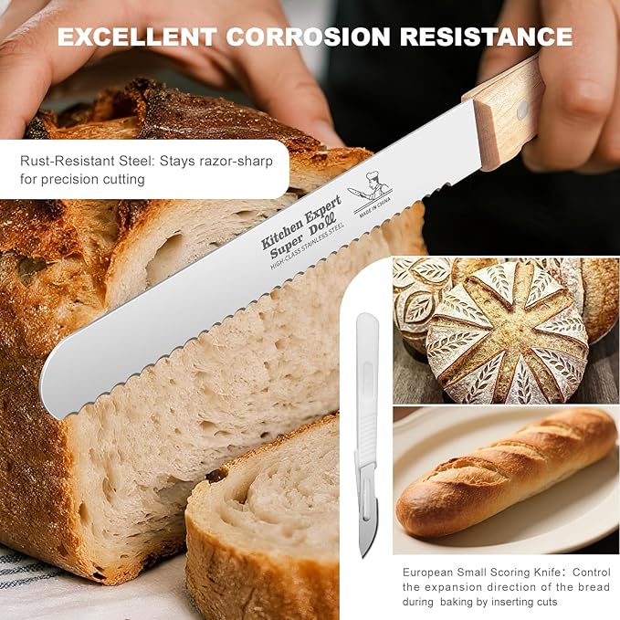 2-Pack Bread Knife & Bread Lame Set: 8" Premium Stainless Steel Serrated Knives Blade with Wood Handle for Homemade Bread, Sourdough Tomato, Bagel + Dough Scoring Tool for Razor Sharp Carving