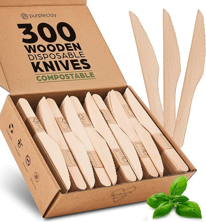 PURPLECLAY Wooden Knives Disposable – 300 Piece Wood Compostable Knives by Purpleclay