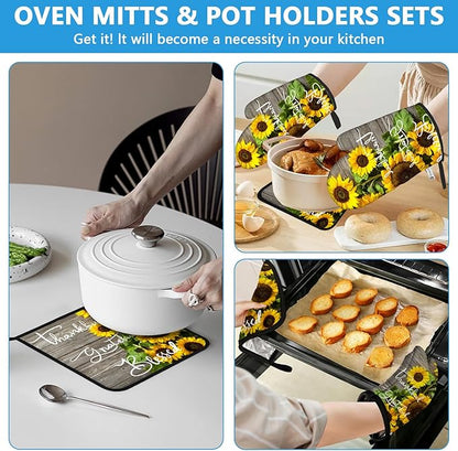 Sunflower Wood Grain Oven Mitts and Pot Holders Sets Heat Resistant 4Pcs - Image 6