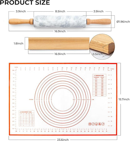 Marble Rolling Pin with Non-Stick Silicone Mat & Wood Base, 16.9-Inch Heavy - Image 3