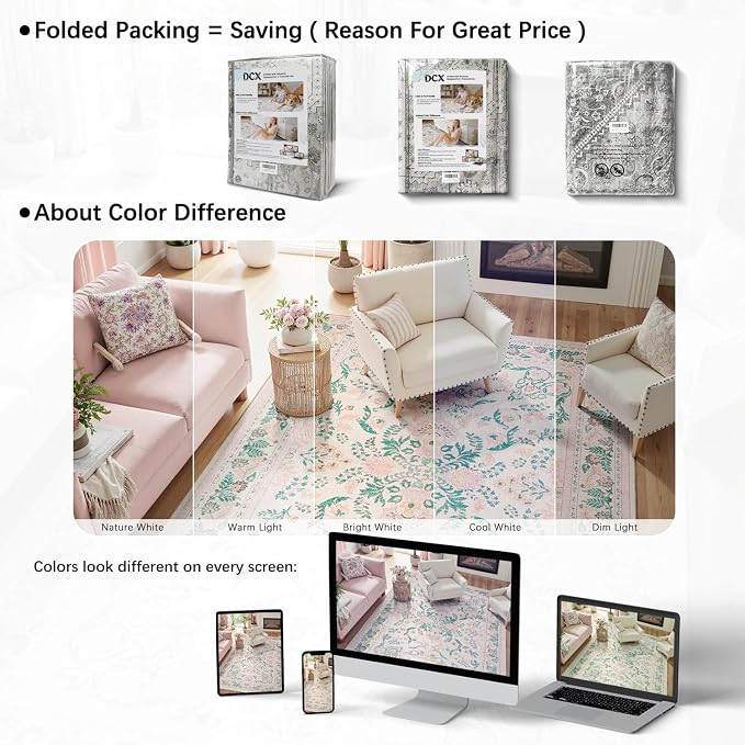 DCX 4x6 Pink Rug, Floral Rug for Girl’s Bedroom, Cute Soft Low Pile Non Slip - Image 4
