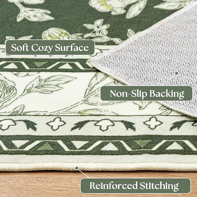 Olive Green Floral Print Area Rugs - Image 3