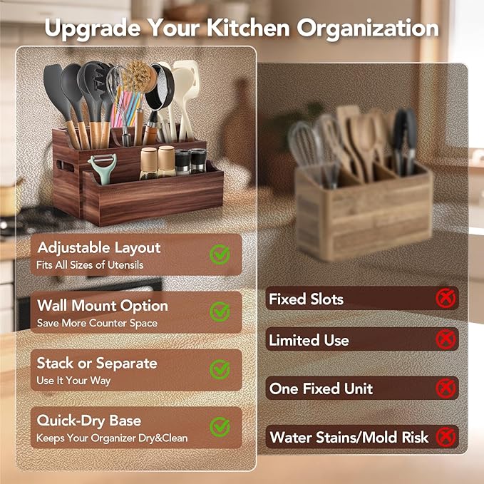 Wooden Kitchen Utensil Holder for Countertop, Large Utensil Organizer - Image 8