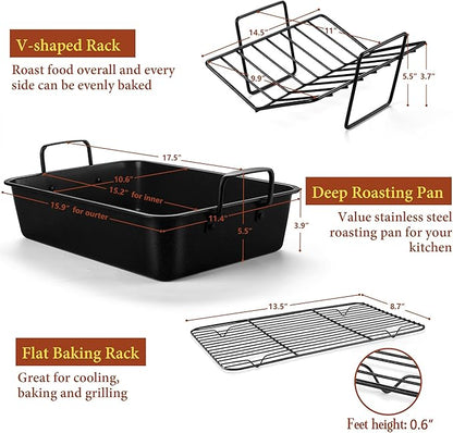 E-far Roasting Pan with Racks, Large Stainless Steel Turkey Roaster with - Image 2