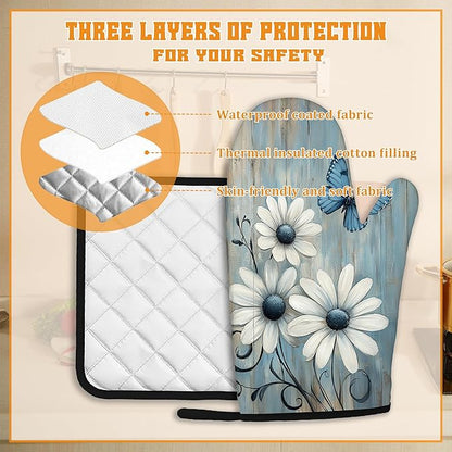 Blue Butterfly Oven Mitts and Pot Holders, Vintage Daisy Wooden Heat Resistant - Image 3