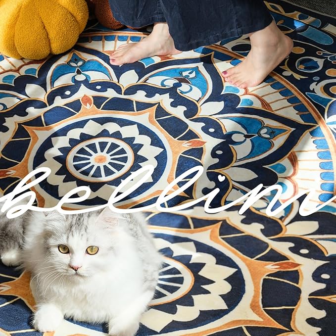 jinchan Mandala Round Rug 5ft Blue Boho Washable Rug Moroccan 5' Round Modern - Image 3