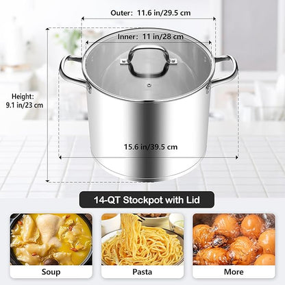 Homikit Large Stock Pot 14 Quart, Stainless Steel Chicken Soup Pot - Image 2