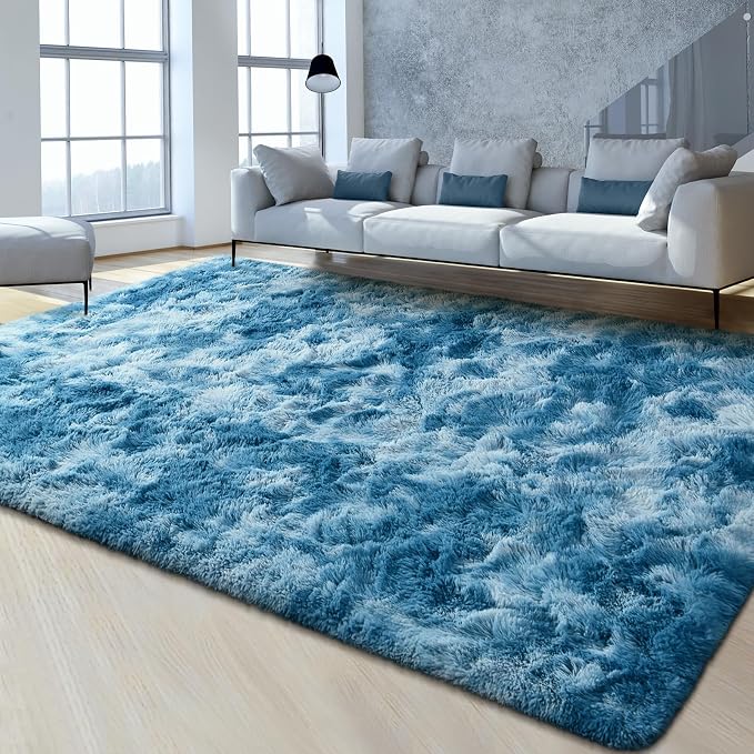 FlyDOIT Large Area Rugs for Living Room, 5x8 Feet Tie-Dyed Dark Blue Shaggy Rug - Image 2