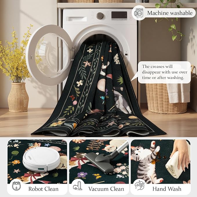 Unirea 2x6 Black Cat Runner Rug, Washable Non Slip Botanical Rug - Image 5