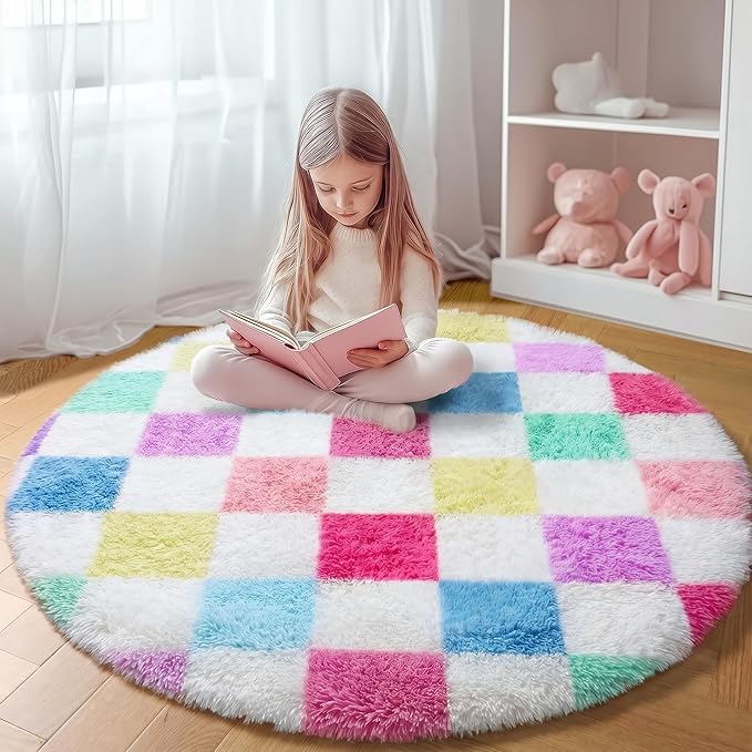 KICMOR Pink Rainbow Round Rug for Bedroom Girls, Cute Fluffy Soft 4ft Circle by KICMOR