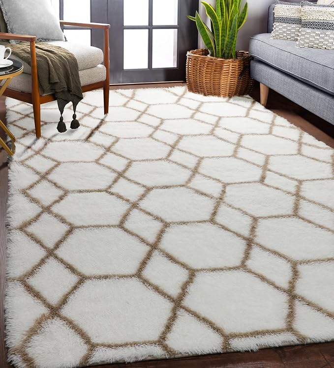 ONASAR 5x7 Area Rugs for Living Room Bedroom, Fluffy White and Beige Faux Fur by ONASAR