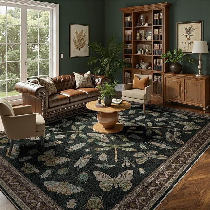 DCX 8x10 Washable Insect Rug, Vintage Gothic Black Rug - Image 2