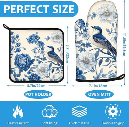 Blue Bird Blooming Flower Oven Mitts and Pot Holders Sets Heat Resistant 4Pcs - Image 2