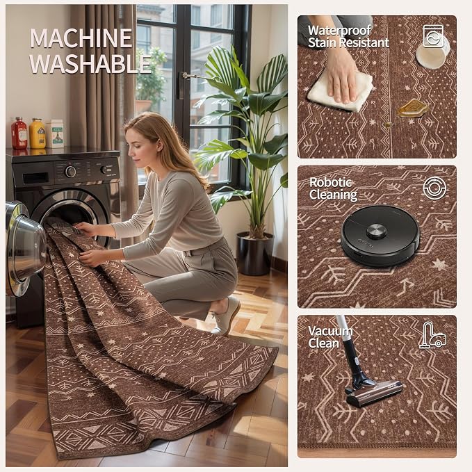 SERISSA 4x6 Area Rugs for Living Room, Washable Non-Slip Coffee Brown Boho Rug - Image 3