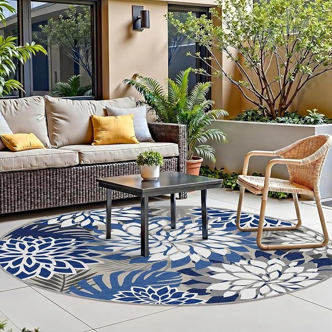6x6 Outdoor Area Rug Washable Multicolored Patio Rug Tropical Botanical Floral - Image 3