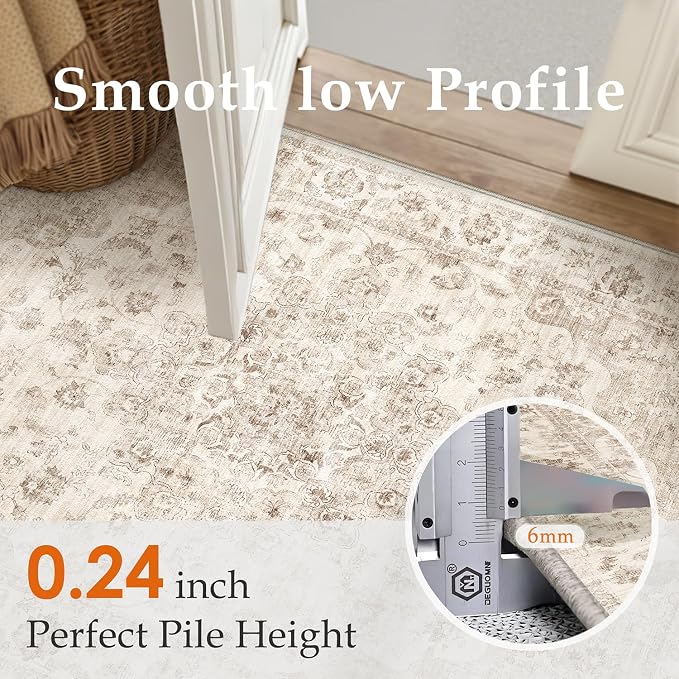 5x5 Washable Neutral Round Rug Beige Vintage Entryway Kitchen Cirlce Rug - Image 8
