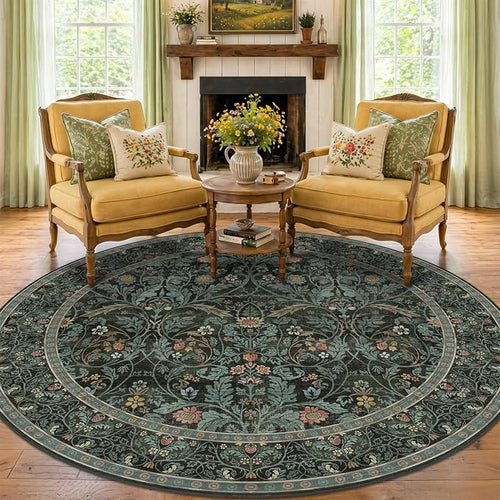 8ft Round Rug for Living Room, Dark Green Vintage Botanical Floral Large Circle by Evyhood