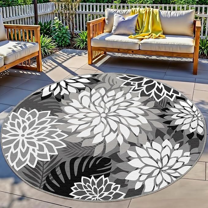 6x6 Outdoor Area Rug Washable Multicolored Patio Rug Tropical Botanical Floral by ArenaRug