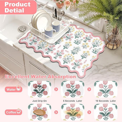 LOKHOM Scalloped Floral Dish Drying Mat, Cuttable Hide Stain Non-slip Drying Mat - Image 3