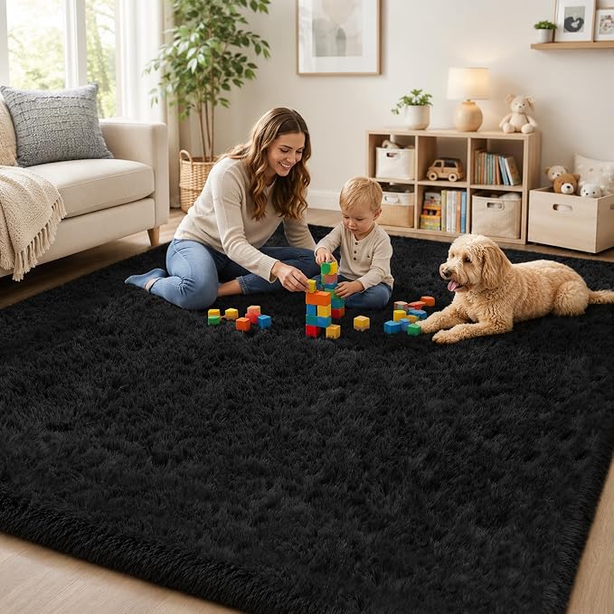 Area Rug for Living Room Bedroom: 9x12 Black Soft Fluffy Shag Upgrade Non-Slip - Image 9