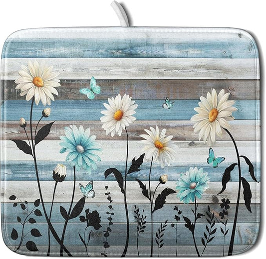 Blue White Daisy Floral Dish Drying Mat by Anyako