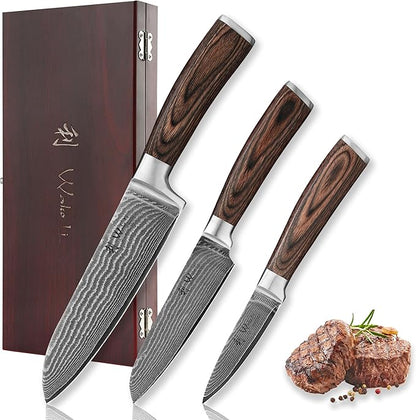 Wakoli EDIB 3-Piece Damascus Kitchen Knife Set in Wooden Gift Box, Razor Sharp by Wakoli