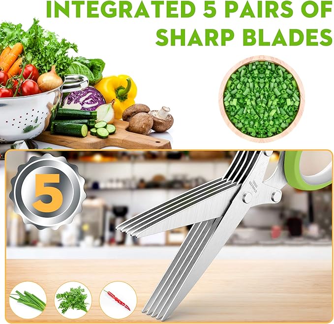 Herb Scissors with 5 Blades and Cover, Kitchen Herb Cutter with Cleaning Comb - Image 2