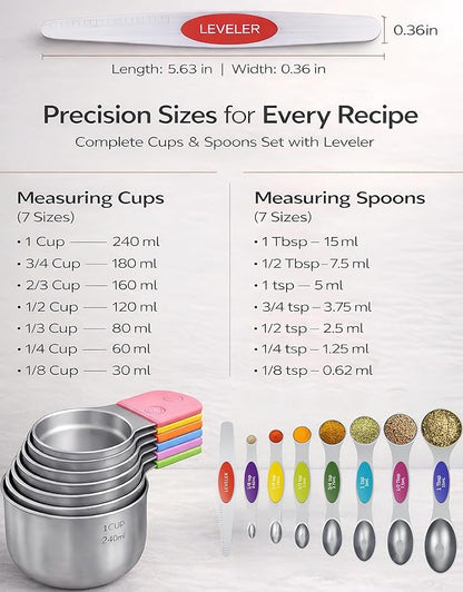 Magnetic Measuring Cups and Spoons Set304 Stainless Steel Dual Scale Set of 15 - Image 4
