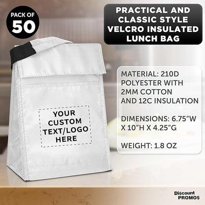 DISCOUNT PROMOS 50 Hook and Loop Insulated Lunch Bags Set - Customizable Text, Logo - Polyester, Durable, Vibrant, Reusable - White