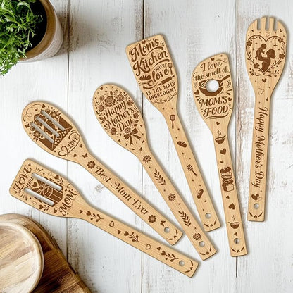 CUTHOLLOW 6PCS Mother's Day Elements Wooden Kitchen Cooking Utensil Set by CUTHOLLOW