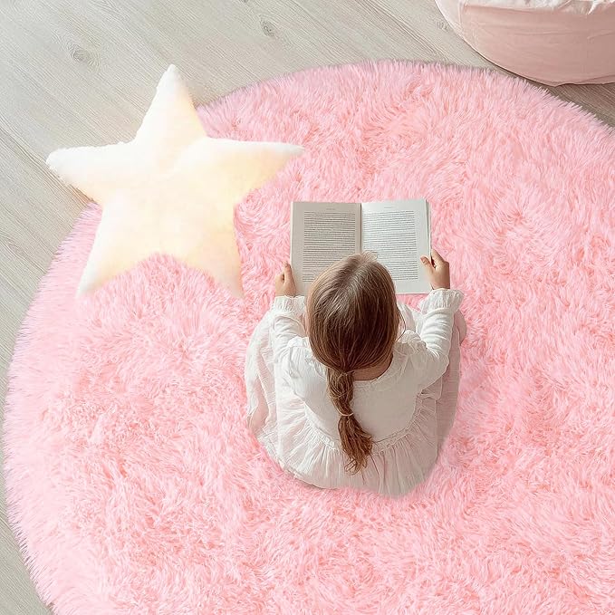 Round Fluffy Pink Rug for Bedroom, 4Ft Fuzzy Shag Circle Area Rug for Girls - Image 5