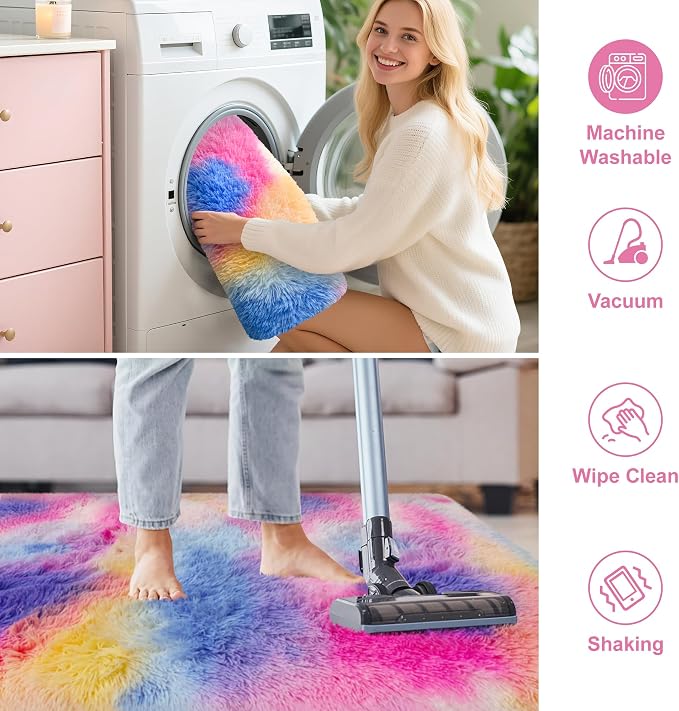 Dark Rainbow Rug for Kids Room 6x9 Cute Fluffy Kids Area Rugs for Bedroom Girls - Image 6