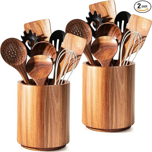 Criusia Utensil Holder 2 Pack, 360° Rotating Acacia Wood Cooking Utensil Crocks by Criusia