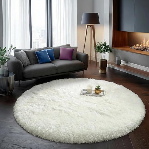 Amdrebio Ivory White Large Round Rug 8Ft by Amdrebio