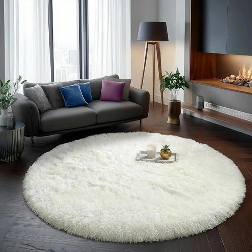 Amdrebio Ivory White Big Round Rug 7Ft by Amdrebio