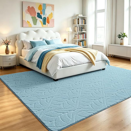 6x9 Blue Washable Area Rug for Bedroom Living Room, Leaf Geometric Patter Shag - Image 2