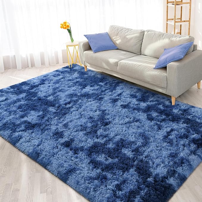 FlyDOIT Large Area Rugs for Living Room, 5x8 Feet Tie-Dyed Navy Blue Shaggy Rug - Image 8