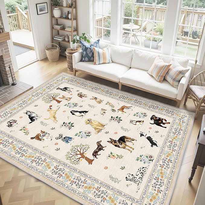Beige Area Rugs 9x12 Living Room, Washable Dog Rug Non Slip Floral Low Pile - Image 2