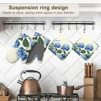 Blue Hydrangea Flower Spring Oven Mitts and Pot Holders Set of 4, Heat - Image 5