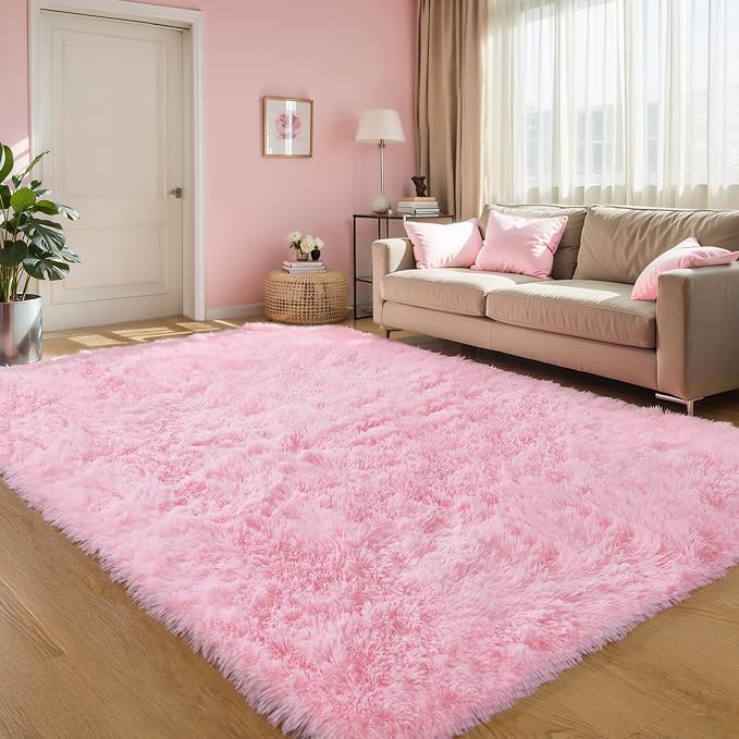 KCHOWUA Pink Fluffy Shag Rug for Bedroom Girls, Modern Soft Cute Shaggy Furry by KICHOWUA