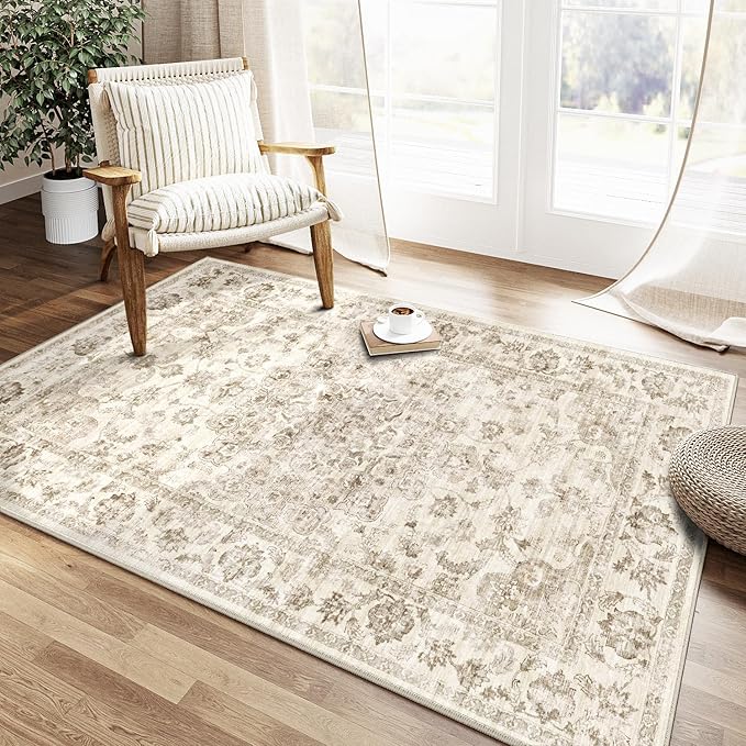 4x6 Washable Neutral Area Rug Beige Vintage Entryway Office Carpet Non-Slip - Image 2