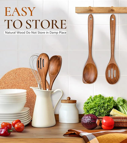 2Pcs Wooden Spoons for Cooking, Natural Premium Teak Wood Corner Spoon & - Image 6